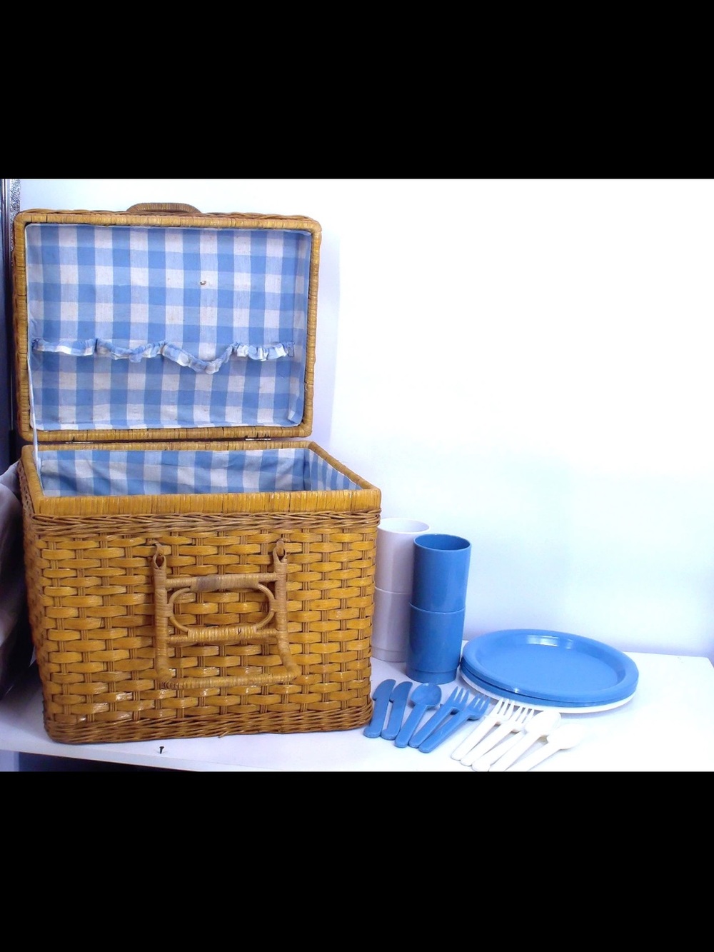 Vintage Wicker Picnic Basket Set with Dish Set - RARE Antique 18 PIECES